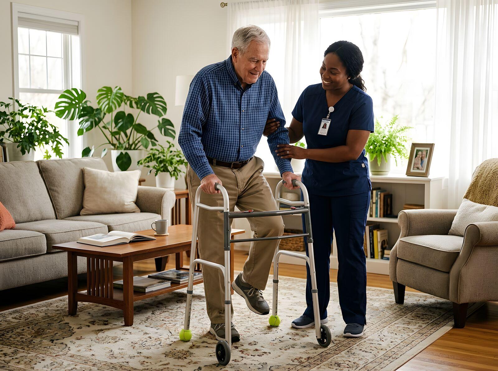 Skilled nurse providing compassionate in-home care to elderly patient