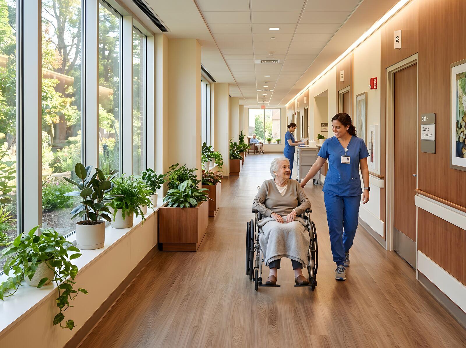 Diverse AceCare healthcare team in hospital corridor